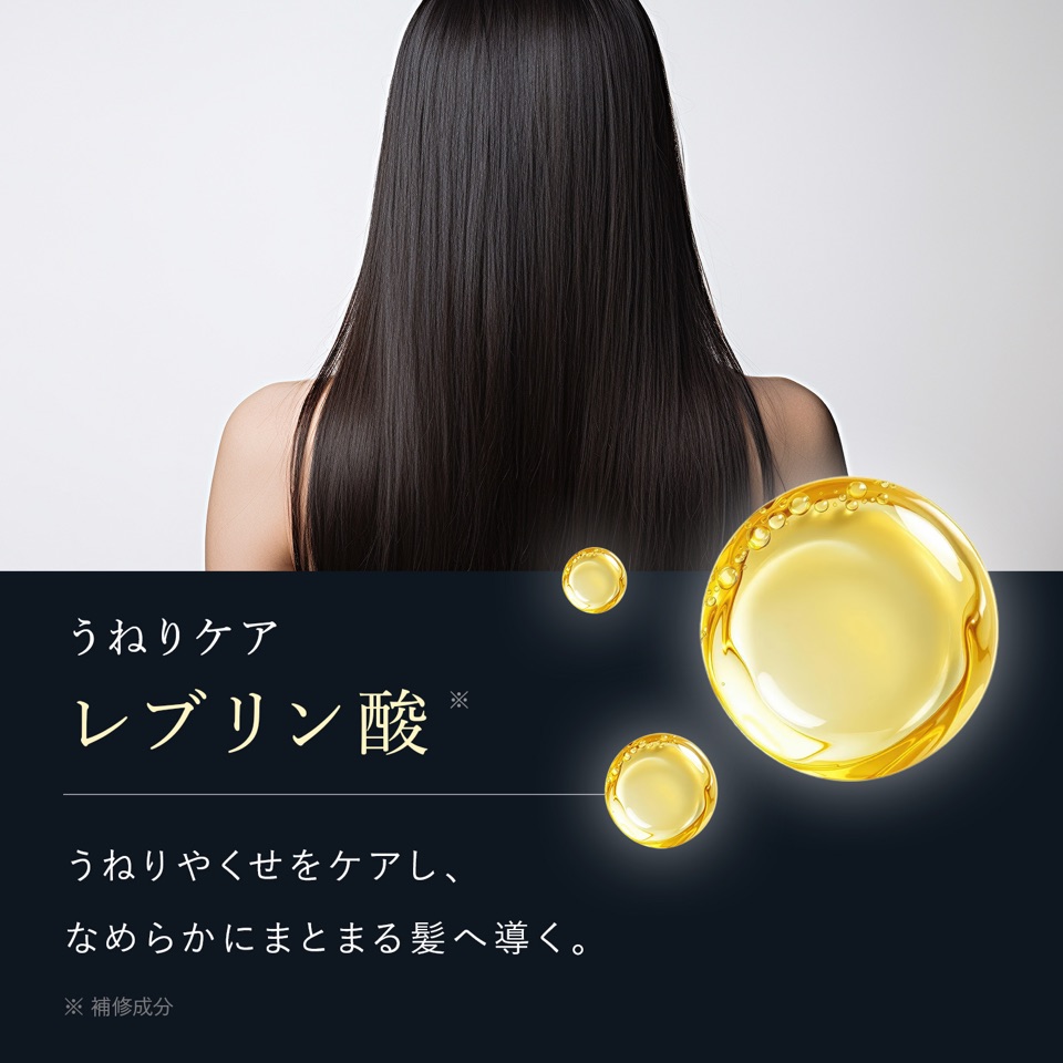 うねりケア レブリン酸（補修成分）。うねりやくせをケアし、なめらかにまとまる髪へ導く。