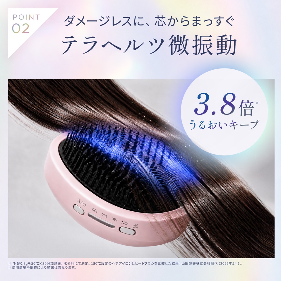 POINT02 ダメージレスに、芯からまっすぐ テラヘルツ微振動。うるおい3.8倍キープ ※毛髪0.3gを50℃×30分加熱後、水分計にて測定。180℃設定のヘアアイロンとヒートブラシを比較した結果。山田製薬株式会社調べ（2026年5月）