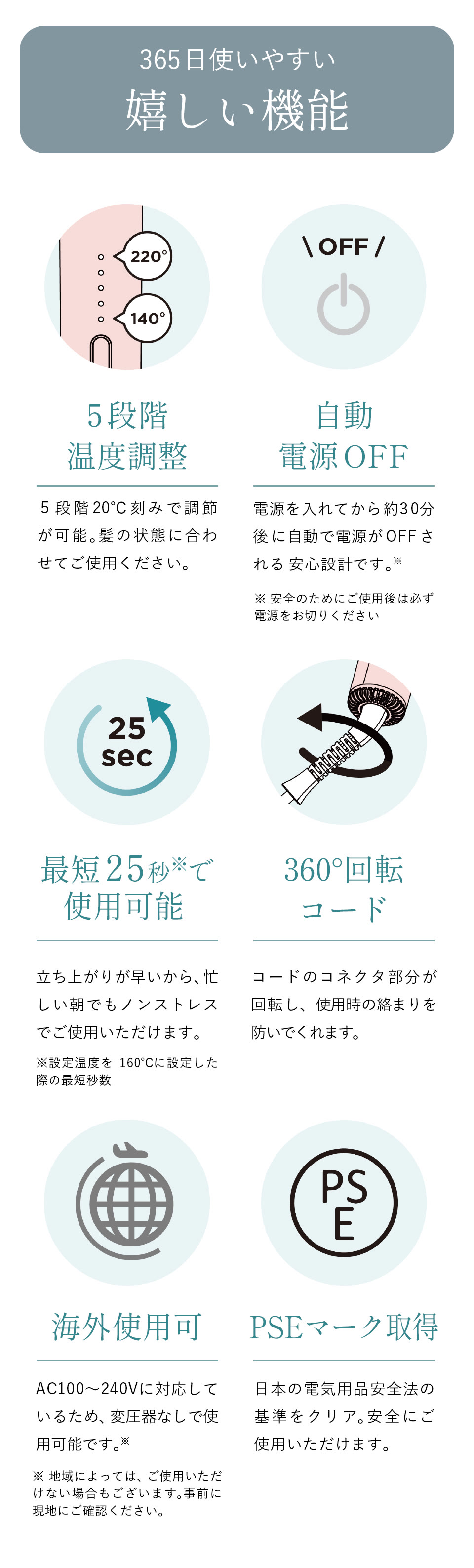 365日使いやすい嬉しい機能。5段階温度調節 5段階20℃刻みで調節が可能。髪の状態に合わせてご使用ください。自動電源OFF 電源を入れてから約30分後に自動で電源がOFFされる安心設計です。最短25︎秒で使用可能 立ち上がりが早いから、忙しい朝でもノンストレスでご使用いただけます。360°回転コード コードのコネクタ部分が回転し、使用時の絡まりを防いでくれます。海外利用可 AC100〜240Vに対応しているため、変圧器なしで使用可能です。　PSEマーク取得 日本の電気用品安全法の基準をクリア。安全にご使用いただけます。
