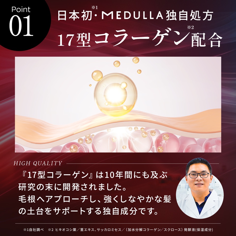 Point01 日本初・MEDULLA独自処方 17型コラーゲン配合。『17型コラーゲン』は10年間にも及ぶ研究の末に開発されました。毛根へアプローチし、強くしなやかな髪の土台をサポートする独自成分です。※1自社調べ ※2ヒキオコシ葉／茎エキス、サッカロミセス／（加水分解コラーゲン／スクロース）発酵液（保湿成分）